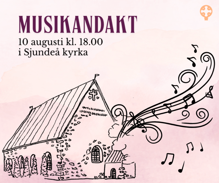 Musikandakt En ritning av Sjundeå kyrka med noter omkring samt texten musikandakt 10 augusti kl. 18 i Sjundeå kyrka.