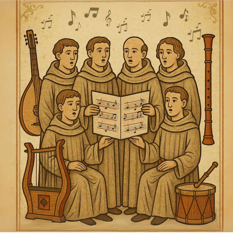 Medeltida marknadens öppningskonsert En grupp figurer som sjunger från ett nothäfte, omringade av medeltida musikinstrument.