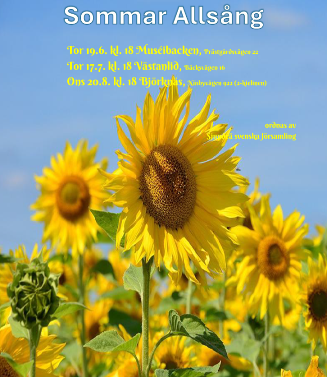 Solrosor mot en blå himmel samt texten Sommarallsång, 19.6 kl. 18 museibacken, 17.7 kl. 18 Västanlid, 20.8 kl. 18 Björknäs.