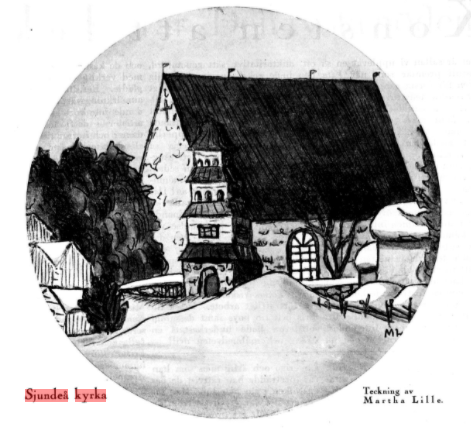 Martha Lilles teckning av Sjundeå S:t Petri kyrka i tidningen Allas Krönika år 1931