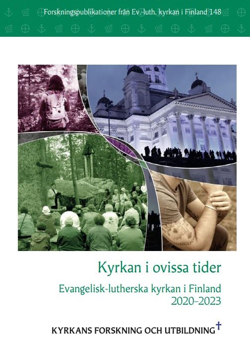 Pärmbild för fyraårsberättelsen kyrkan i ovissa tider, evangelisk-lutherska kyrkan i finland 2020-2023.